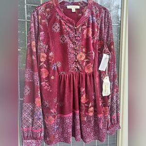 Farmers Market Charming Art Velvet Bib Bell Sleeve Top Size Small Red Floral New